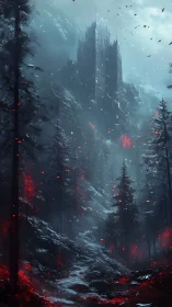 Fortified mountain castle above dark conifer forest at dusk.