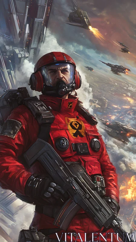 Solar storm trooper guards a burning sky of starships.