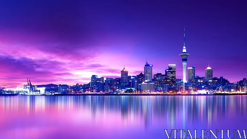 Dreamy harbor city skyline glowing in twilight colors.