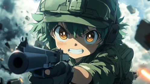 Fierce cadet with blazing eyes charging through chaos.