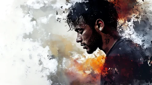 Digital portrait of pensive man amid abstract color bursts.