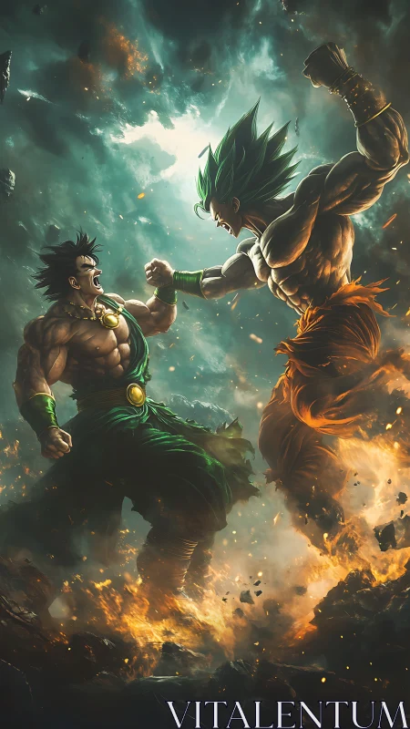 Muscular warriors clash midair amid fire and shattered earth