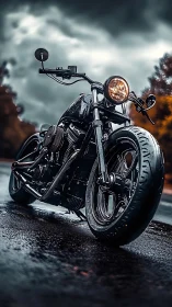 Low-angle portrait of custom black bobber motorcycle on wet asphalt