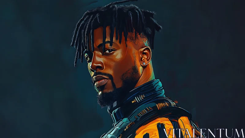 Digital painting portrait with neon-contoured jacket profile.