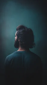 Bearded man viewed from behind under moody teal light