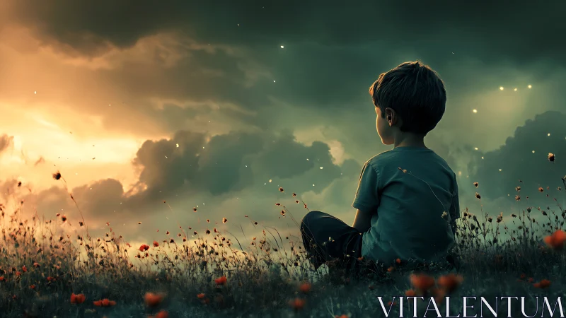 Solitary child at dusk beneath glowing stormlit sky.