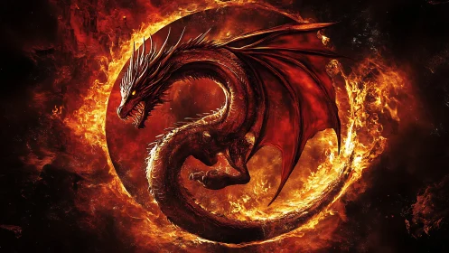 Infernal dragon coils inside blazing circular fire vortex