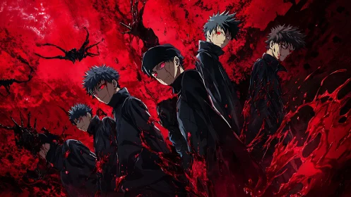 Group of five dark-clad anime figures in red fluid field.