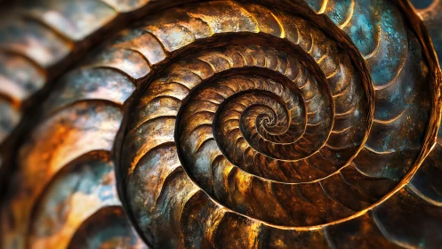 Glowing spiral shell pattern draws you into metallic warmth