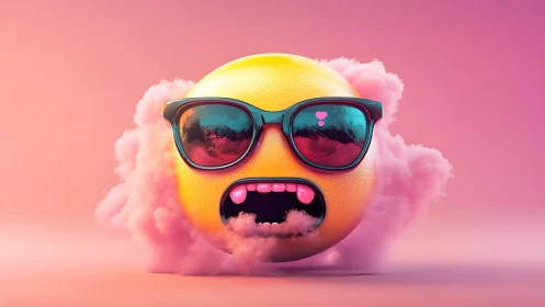 Neon emoji orb with sunglasses emerges from pastel vapor