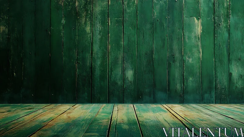 Weathered green wooden room suggests rustic display space