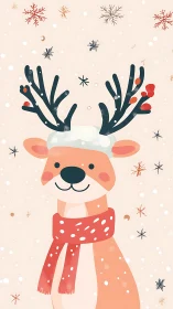 Smiling winter reindeer with scarf and stylized snowflakes.