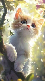 Fluffy White and Orange Cat in Garden Setting with Soft Lighting