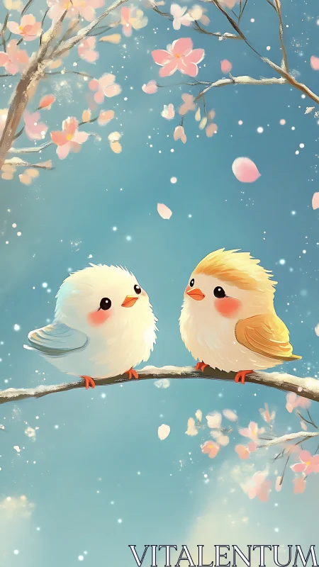 Pastel songbirds on cherry branch under drifting blossoms