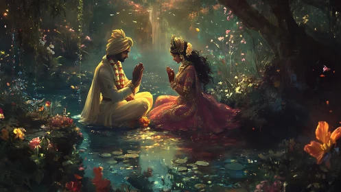 Divine couple share a sacred prayer by a luminous forest pool.