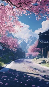 Petal-laced village street drifts softly toward blue mountains