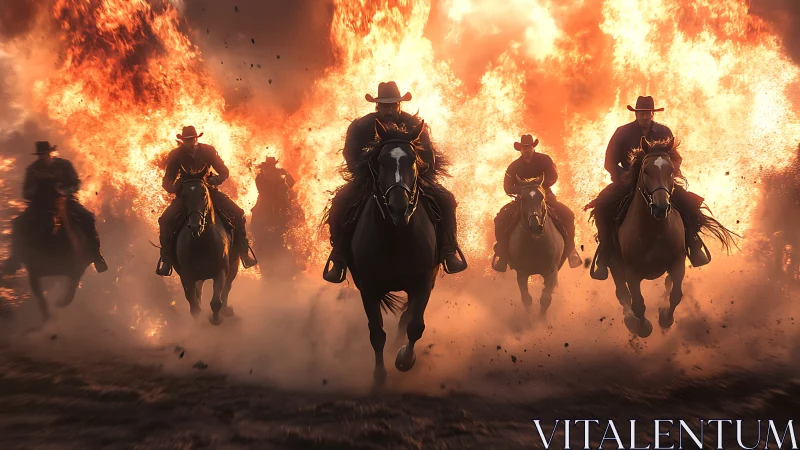 Cowboy riders charge through blazing fiery inferno.