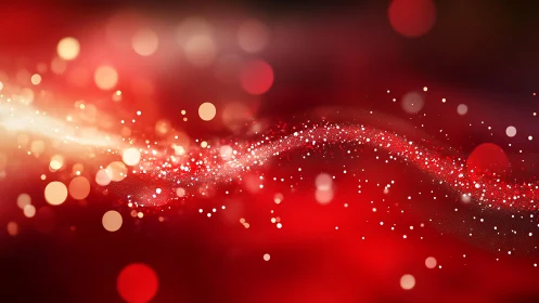 Abstract red bokeh background with glowing wave and sparkles.