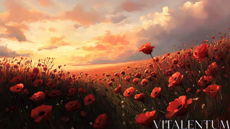 Sunset over expansive red poppy field under clouded sky.