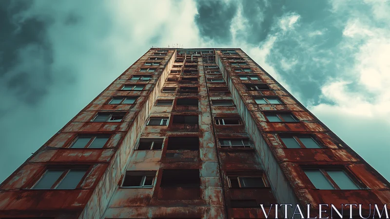 Weathered high rise reaching calmly toward teal tinted skies.