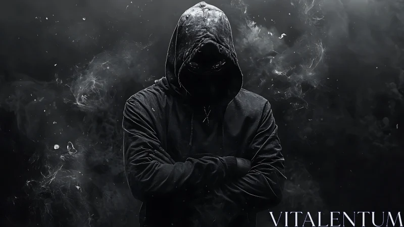 Hooded cyber-noir silhouette stands amid particulate smoke field