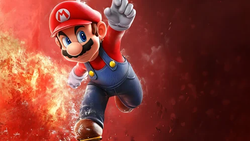 Joyful jumping hero dives forward through a bold red sky