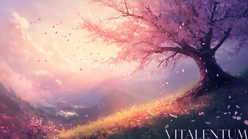 Soft sunrise under drifting cherry blossoms on a hilltop.