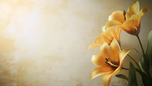 Golden lilies bloom with warm luminescence against soft beige backdrop.