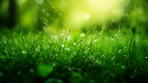 Morning grass blades catch glowing backlit raindrops.