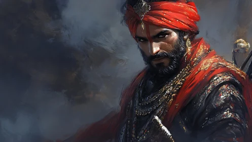 Regal warrior in crimson turban gazes out with calm resolve