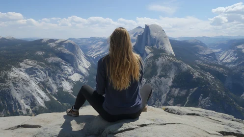 Hiker overlooking vast granite valley from cliff edge viewpoint.
