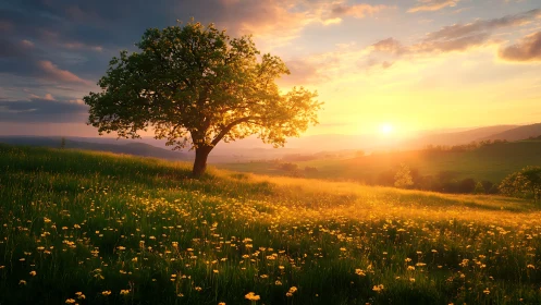 Solitary oak crowns golden meadow under blazing sunset glow.