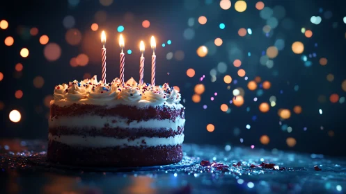 Four Lit Candles Crown Layered Birthday Cake Amid Bokeh Lights.