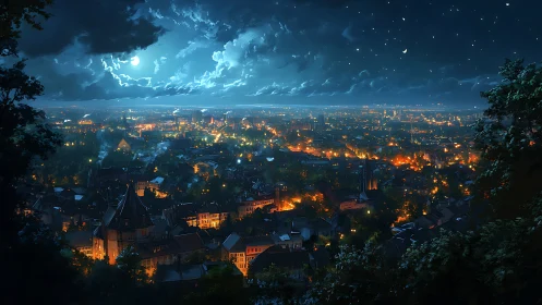 Moonlit cityscape with glowing lights under starry sky.