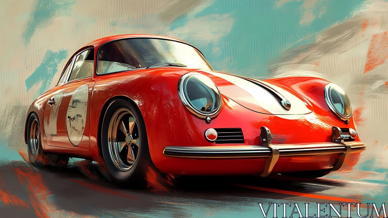 Vintage red race car surges forward in painterly motion