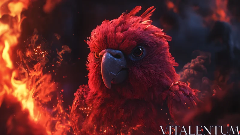 Majestic red parrot in flames, fantasy digital art portrait.