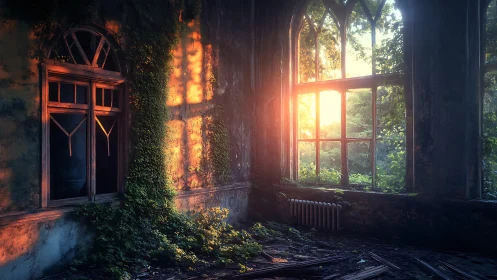 Sunlit ivy in an abandoned room with tall arched windows.