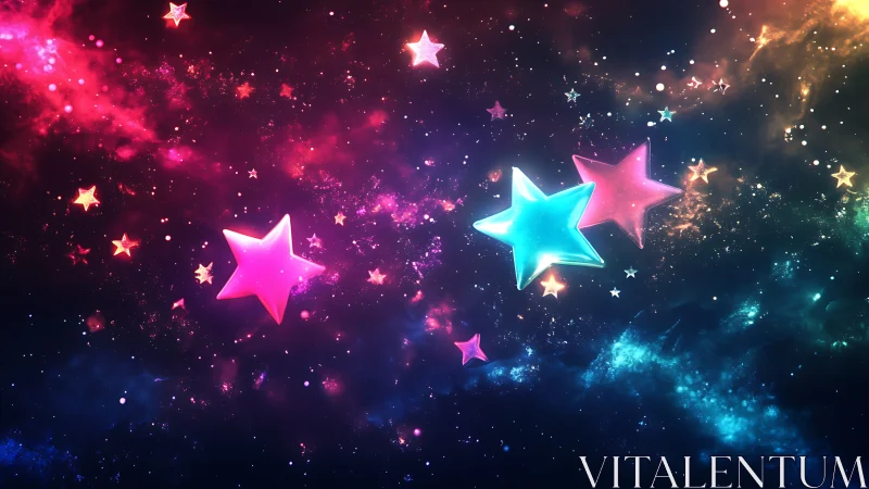 Multicolored glowing star shapes in abstract cosmic field.