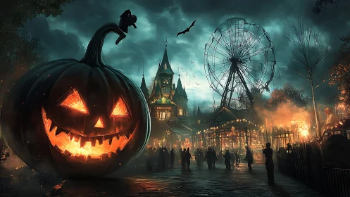 Gigantic jack-o-lantern dominates haunted carnival skyline at dusk