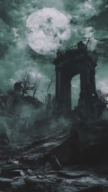 Moon-drowned ruin gate broods beneath storm-torn skies.