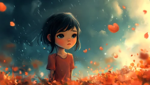 Soft storm of petals around a lonely wide eyed dreamer.