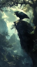 Mythic eagle sentinel overlooking mist-laden ravine cliffs.