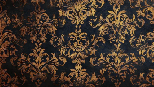 Ornate gold damask pattern covers distressed dark canvas