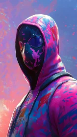 Neon hooded figure in mask against abstract sky background.