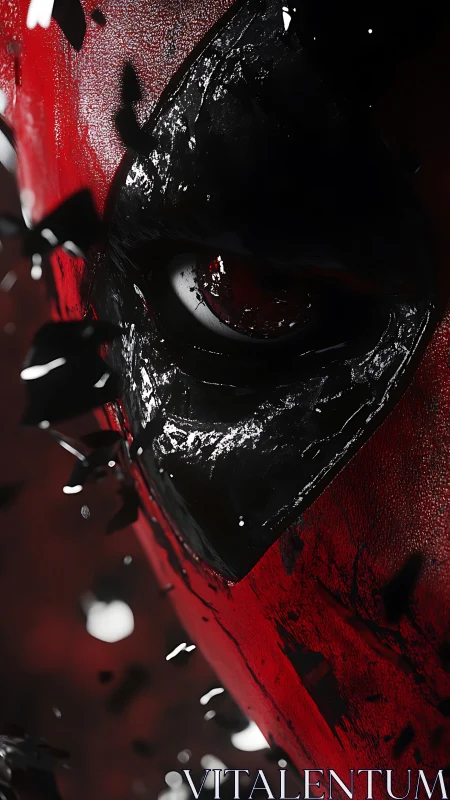 Masked red vigilante close-up with dynamic shattered debris.