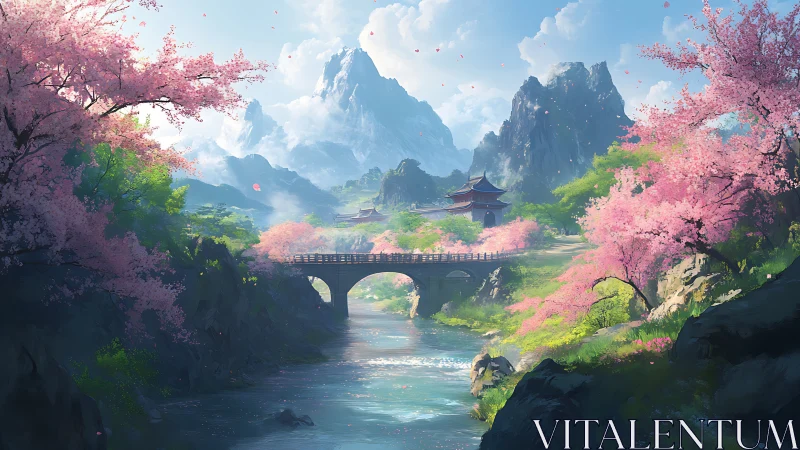 Cherry blossom valley with arched bridge under atmospheric depth
