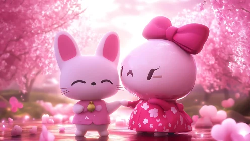 Stylized pink characters in cherry blossom landscape scene.