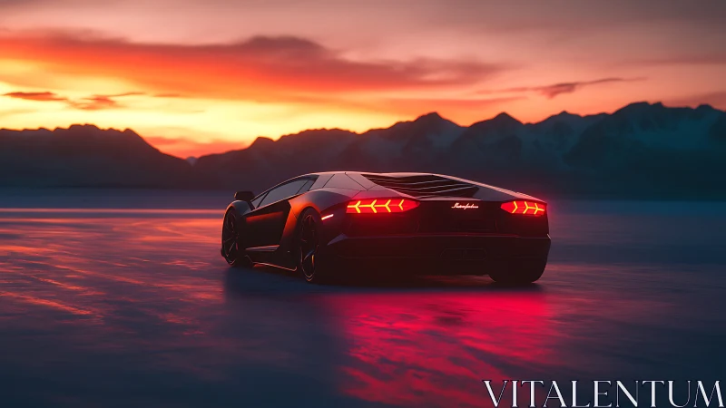 Supercar silhouette on icy plain at vivid mountain sunset.