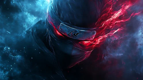 Masked shinobi portrait in blue and red elemental flames.