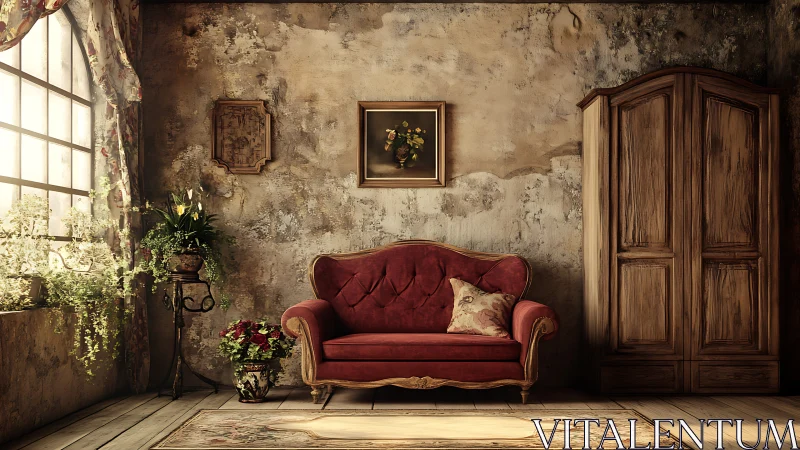 Vintage interior scene shows sofa, wardrobe and window plants